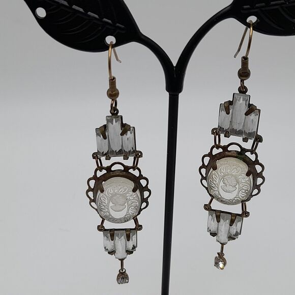 Art Deco Vauxhall Glass Reverse Carved Earrings , 3 1/2 In - Picture 3 of 12